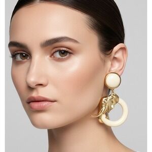 Carolee Vintage Clip On Earrings Gold Tone Ivory Elephant Hoop Dangle Women